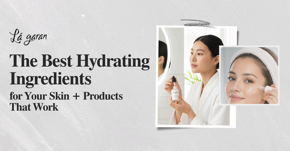 Woman applying facial serum with dropper highlighting hydrating skincare ingredients for glowing, moisturized skin