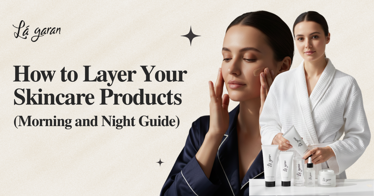 Flat lay of morning skincare layering order showing cleanser, toner, vitamin C serum, moisturizer, and SPF 50 products in sequence