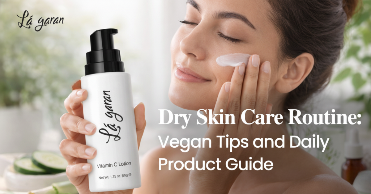 Woman applying La Garan Vitamin C Lotion on her face as part of a vegan dry skin care routine