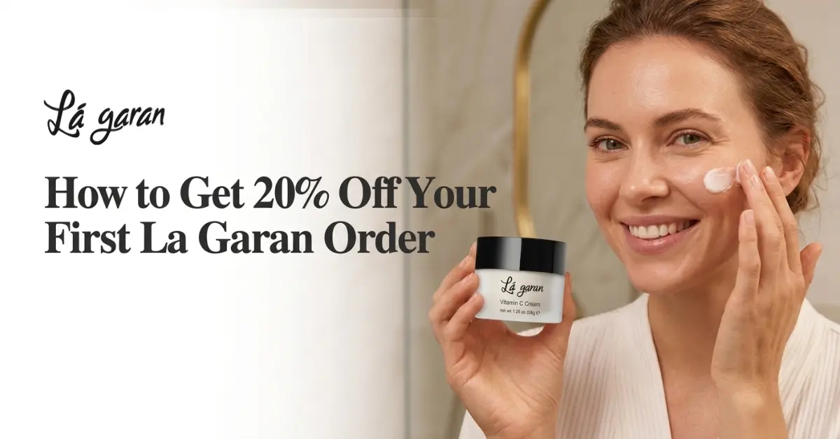 La Garan Vitamin C Cream Facebook ad featuring a smiling woman applying moisturizer to her cheek while holding a La Garan jar — headline reads How to Get 20% Off Your First La Garan Order