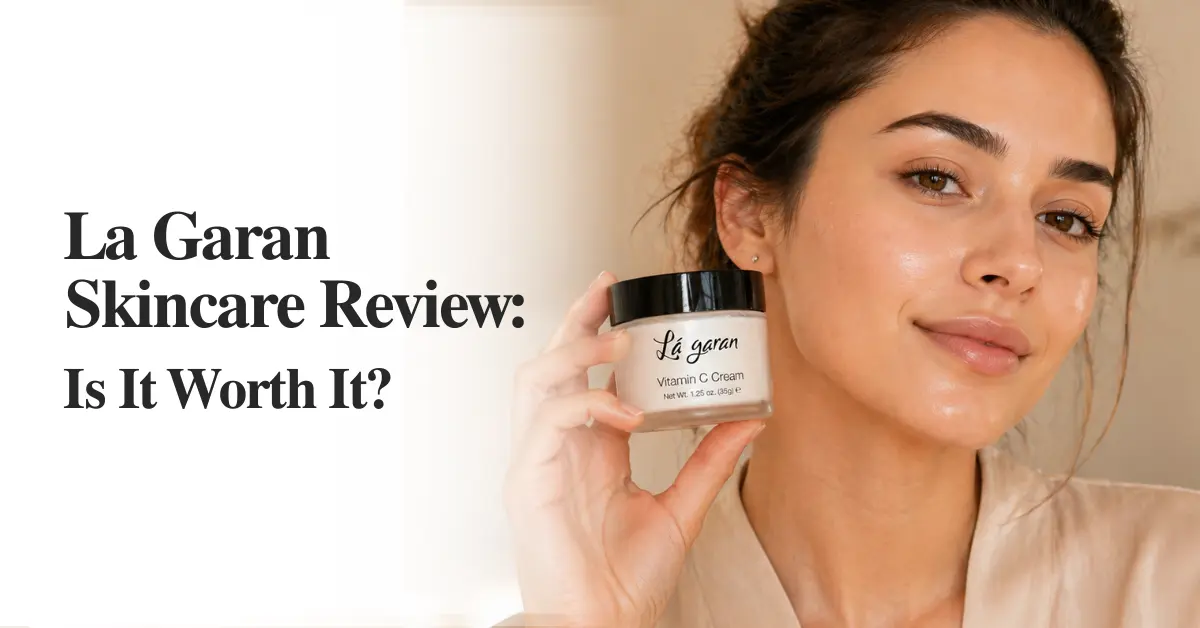 La Garan Vitamin C Cream review ad featuring a young woman holding a La Garan jar close to her glowing skin — headline reads La Garan Skincare Review Is It Worth It